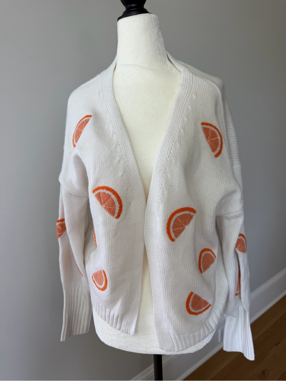 moon & madison White Cardigan with Orange Slice Intarsia